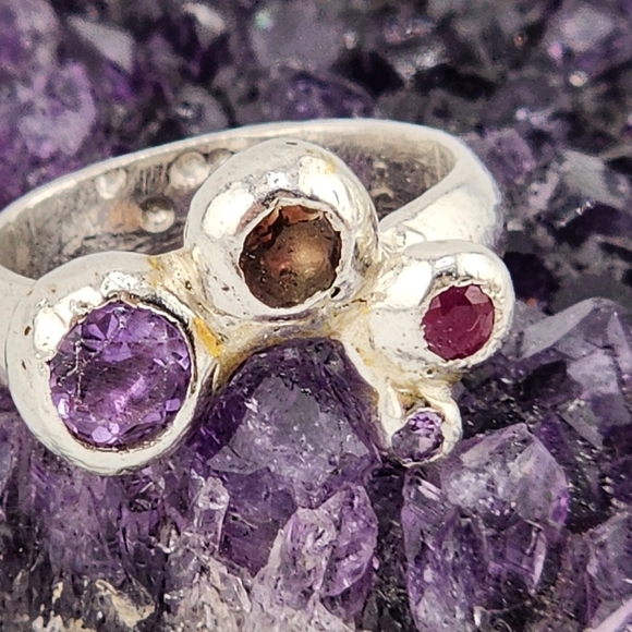 MULTISTONE HANDMADE RING GARNET & AMETHYST UNIQUE RING Made W Sterling Silve 5.5 - Picture 2 of 6